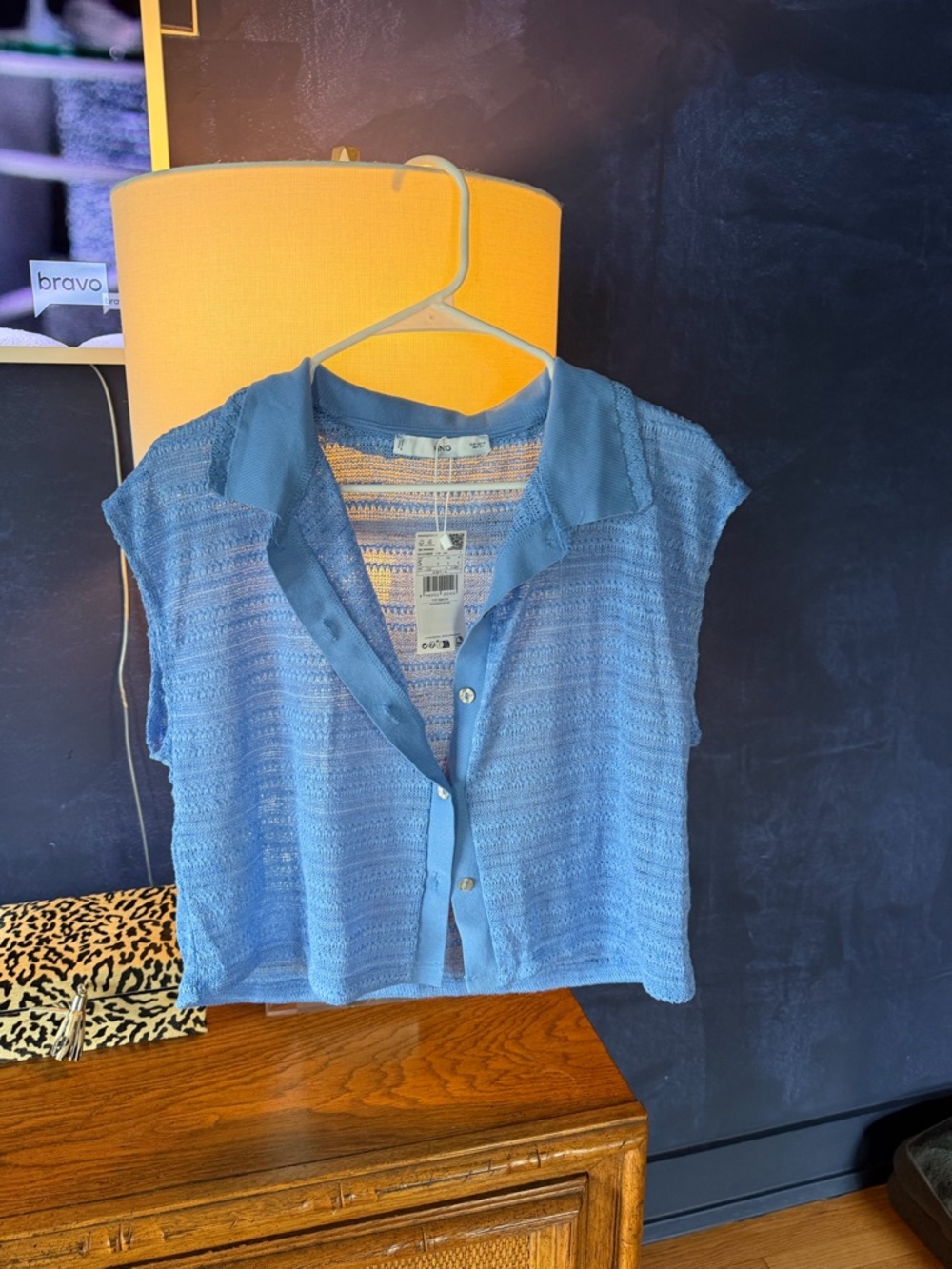 Mango Light Blue Short-Sleeve Button-Front Knit Shirt